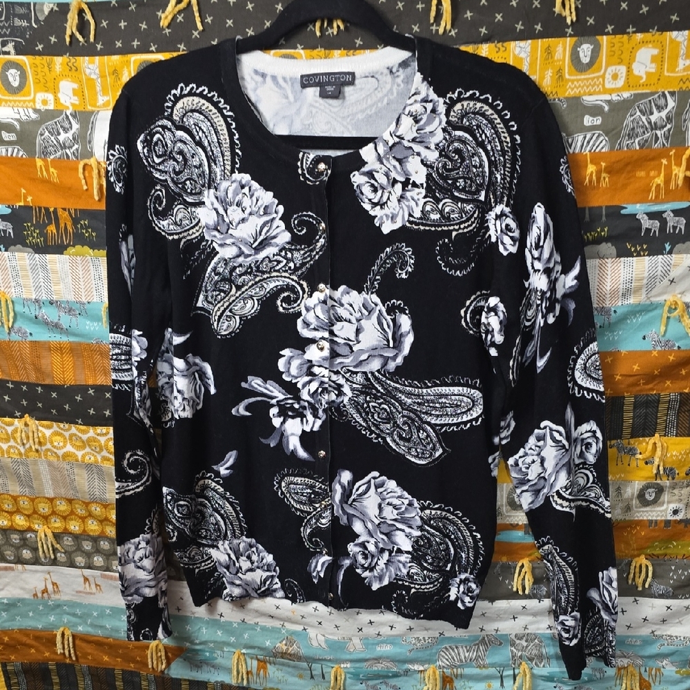 Covington Women's Black and White Floral Silver Studded Sweater